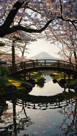 serene video scene of a wooden bridge over a pond with cherry blossoms, captured from a low angle