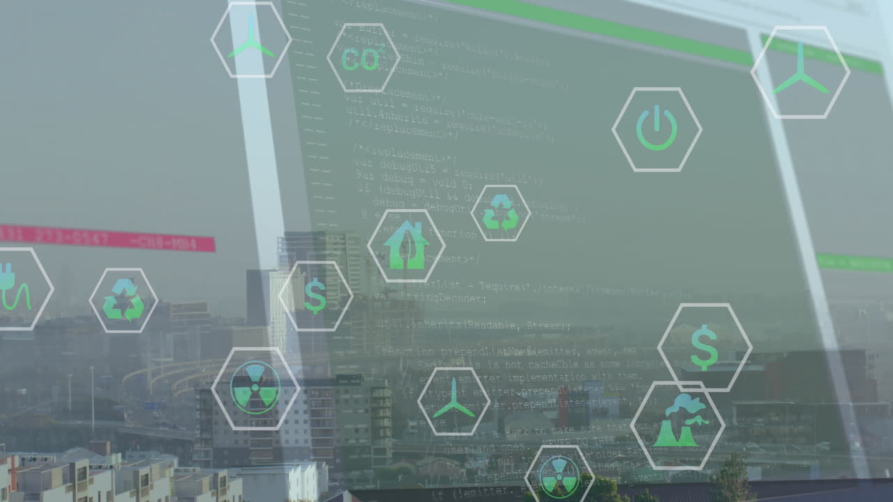 도시 풍경 위의 데이터 처리 및 아이콘의 애니메이션