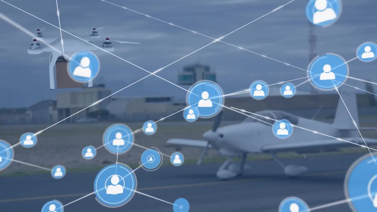 animación de la red de conexiones con iconos sobre drones que llevan paquetes