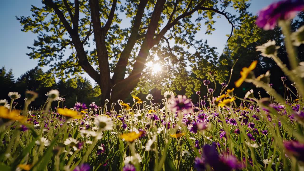 Low-angle video capturing wildflowers in a meadow with sunlight filtering through tree branches