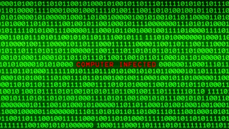 computer infected word revealing on wall of green binary code  between random binary data matrix background