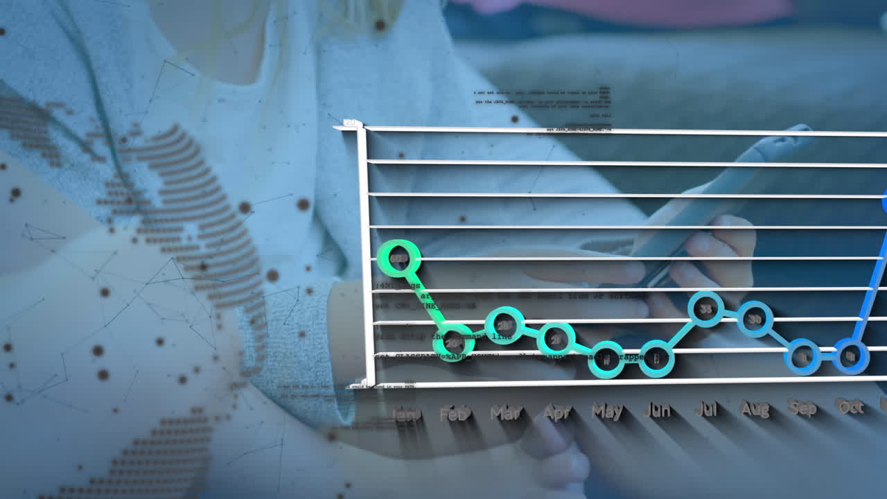 스마트폰을 사용하는 백인 소녀에 대한 지구상의 애니메이션과 데이터 처리