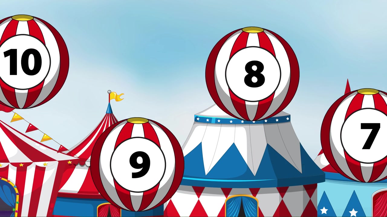 Numbered striped balls bounce rhythmically against a blue sky over vibrant circus tent backgrounds.