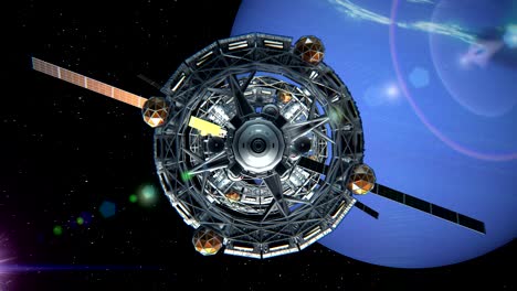 front view of spaceship on background of neptune