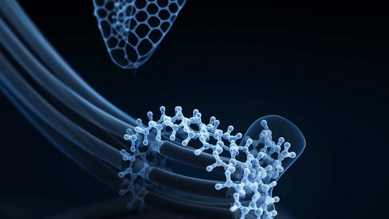 Macro close-up showing translucent cyan DNA-like helix and magnified nucleotide-like chain wrapped around smooth glossy tubular backbone, set against deep navy background with reflective surfaces