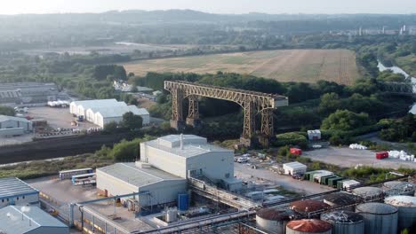 warrington historic transporter bridge industrial british ship canal aerial view landscape orbit wide right