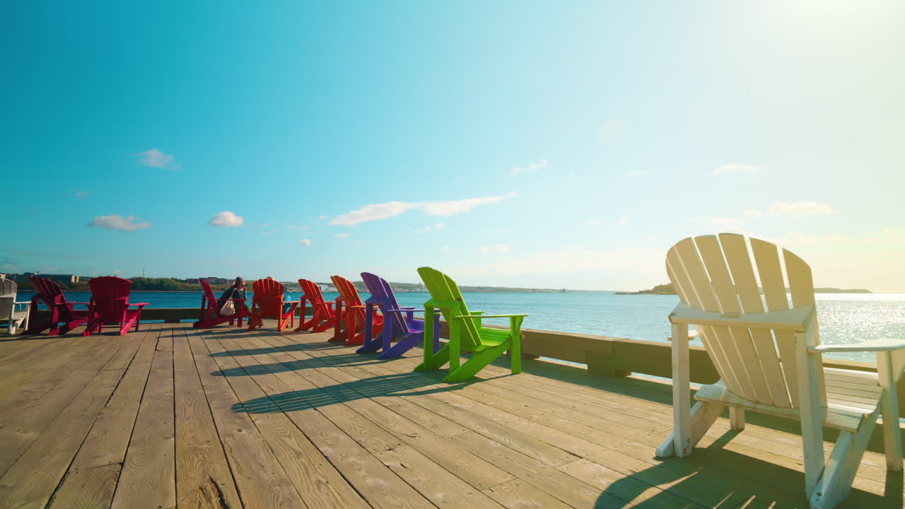 Panoramic view of the harbor district in Halifax, Nova Scotia, Canada. View of the colorful benches overlooking the ocean.