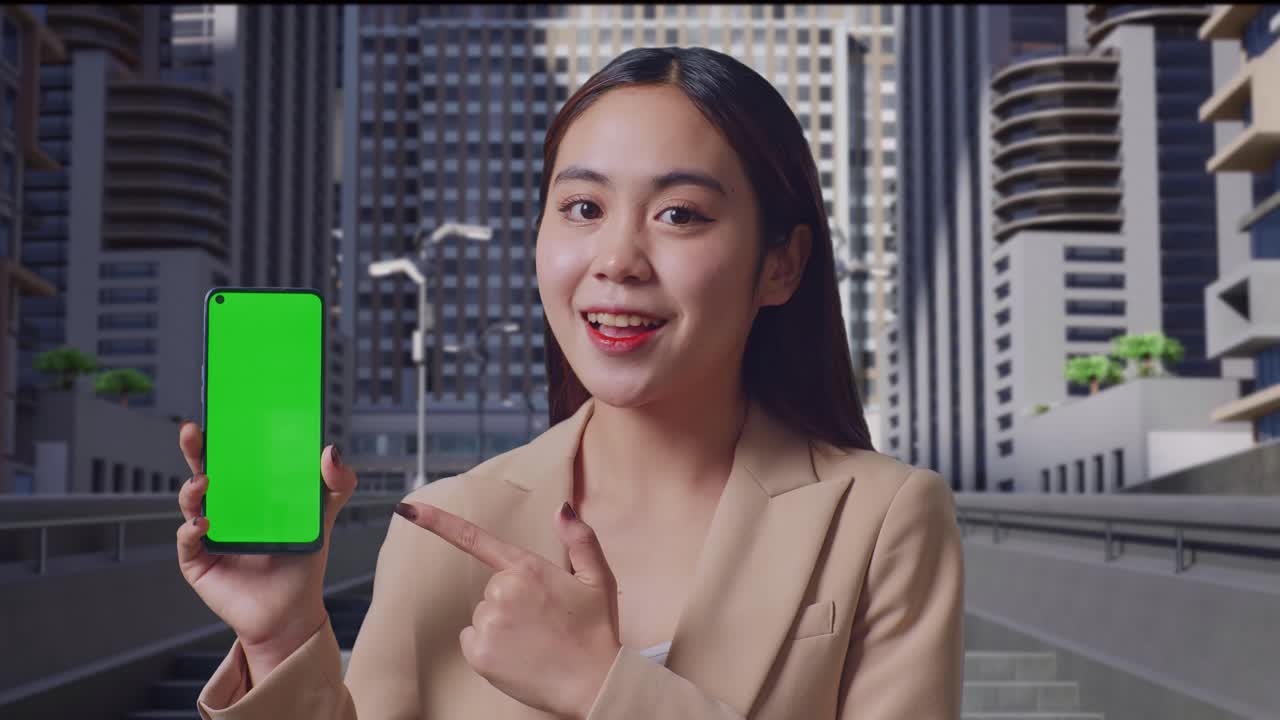 초록색 화면 을 가진 스마트폰 을 들고 있는 사업가