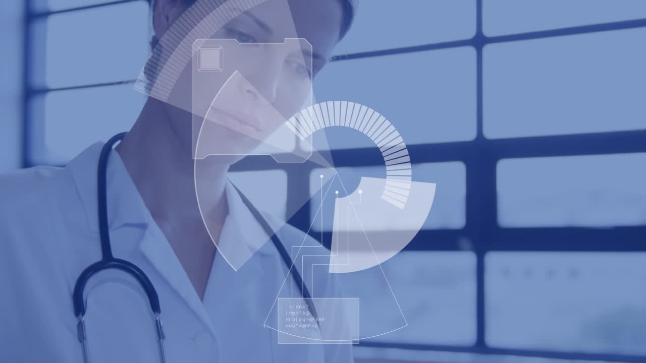 animación de escaneo de alcance sobre una doctora caucásica que tiene documentos