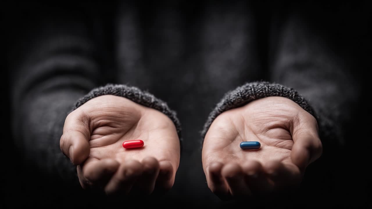 Una Scelta che Fa Riflettere Rappresentata da Due Pillole Contrastanti, una Rossa e una Blu, che Simboleggiano Percorsi Divergenti e le Complesse Decisioni che Affrontiamo nella Vita.