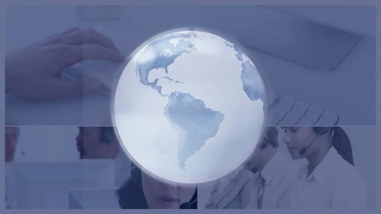 Animación de globo sobre personas de negocios usando auriculares telefónicos