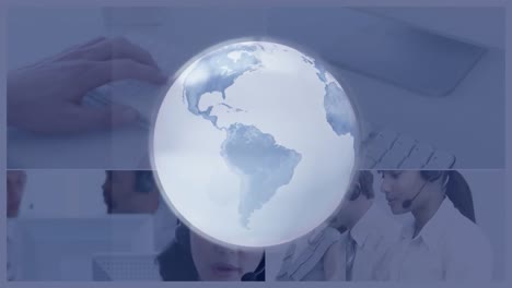 animation of globe over business people using phone headsets