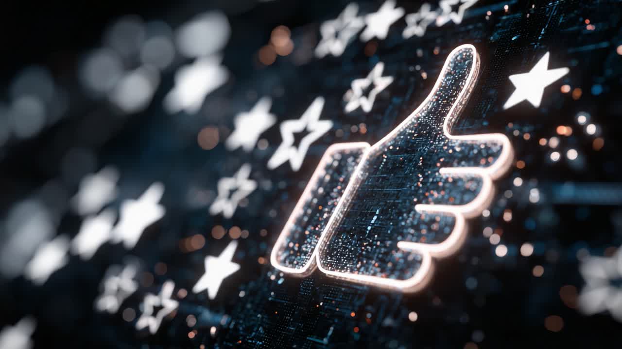Digital Representation of Popularity and Approval: A Glowing Thumbs Up Symbol Against a Background of Stars and Sparkles, Signifying Positive Feedback and Engagement in a Virtual Environment
