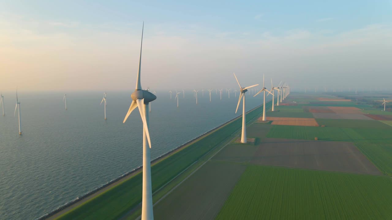거대한 풍차 터빈, 바다에 있는 해상 풍차 농장, 웨스터메어 풍차 공원, 아름다운 밝은 날에 바다에서 고립된 풍차, 네덜란드, 플레볼랜드, 노르도오스트폴더