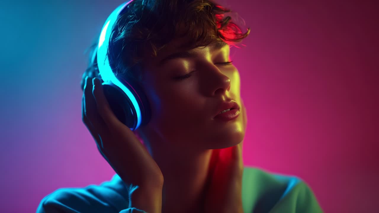 A serene moment of a young woman embracing the music through her headphones, illuminated by vibrant and artistic lighting that enhances the emotional connection to the sound and experience