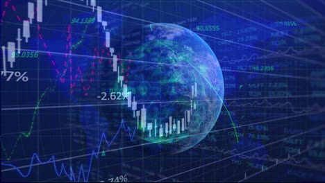 financial data and stock market animation over globe with charts and graphs