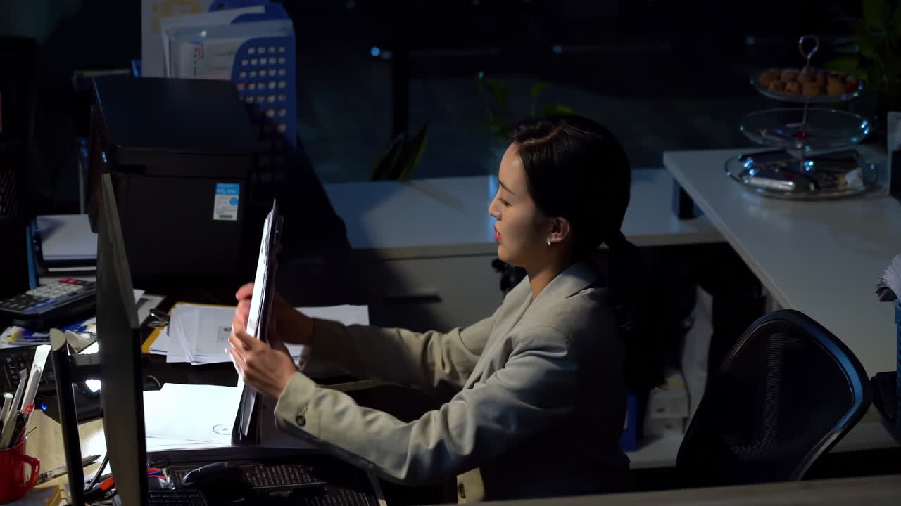 Tired young office worker businesswoman working hard late hours overtime on a desk with a lot of documents at building. she grapples with stress and anxiety as deadlines loom and exhaustion