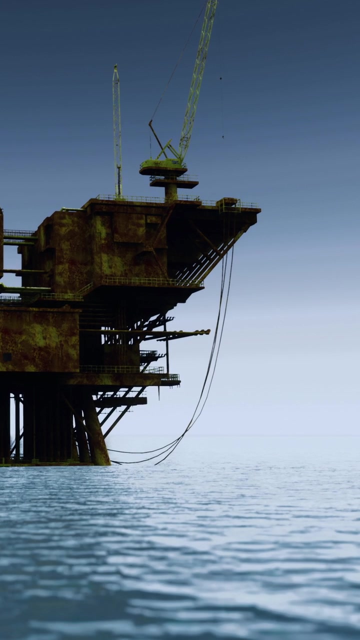 Old offshore oil rig stands in calm water under gray sky during evening