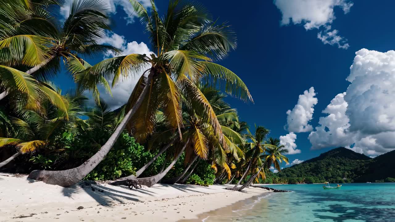 Vídeo impressionante em ângulo baixo de uma praia tropical com coqueiros inclinados e água turquesa cristalina