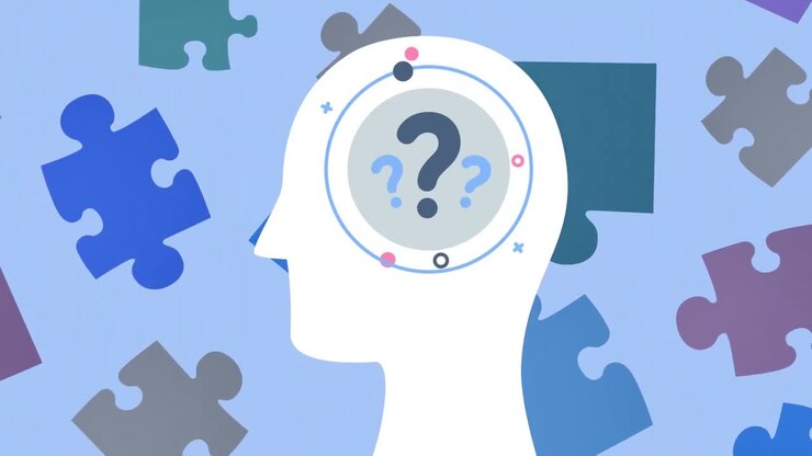 Animation of question marts over human head with floating puzzles in background
