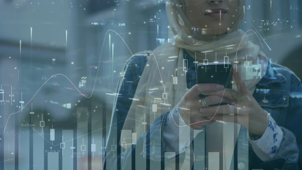 Animazione di elaborazione dati finanziari su donna con hijab che usa lo smartphone