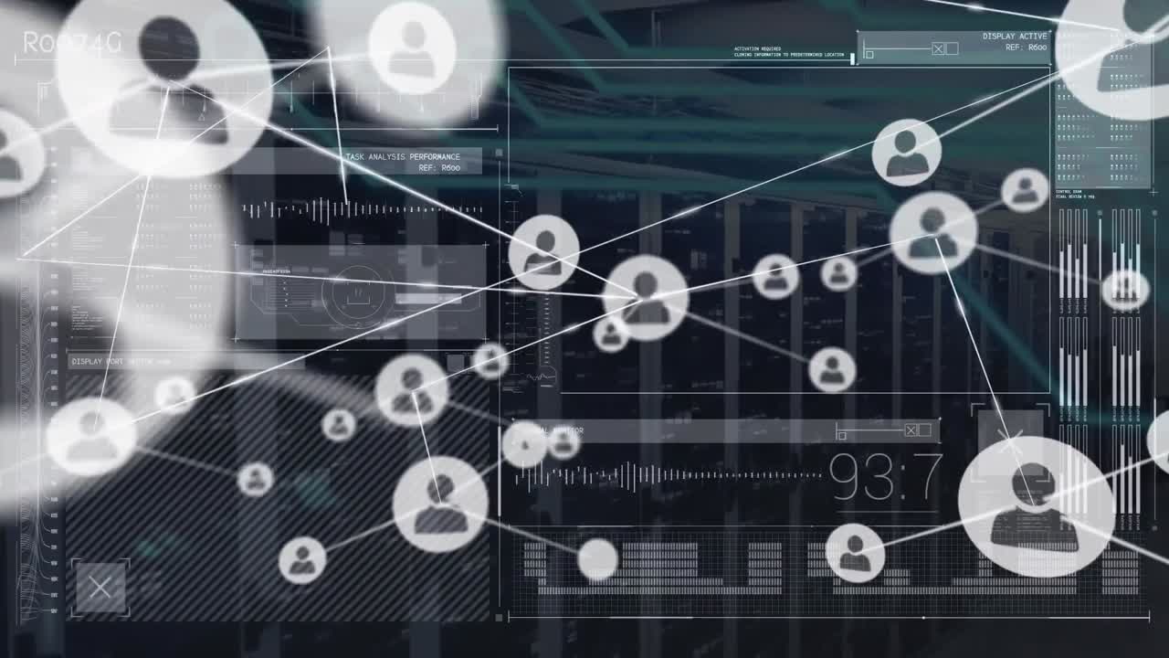 Animation of network of connections with icons and data processing over server room