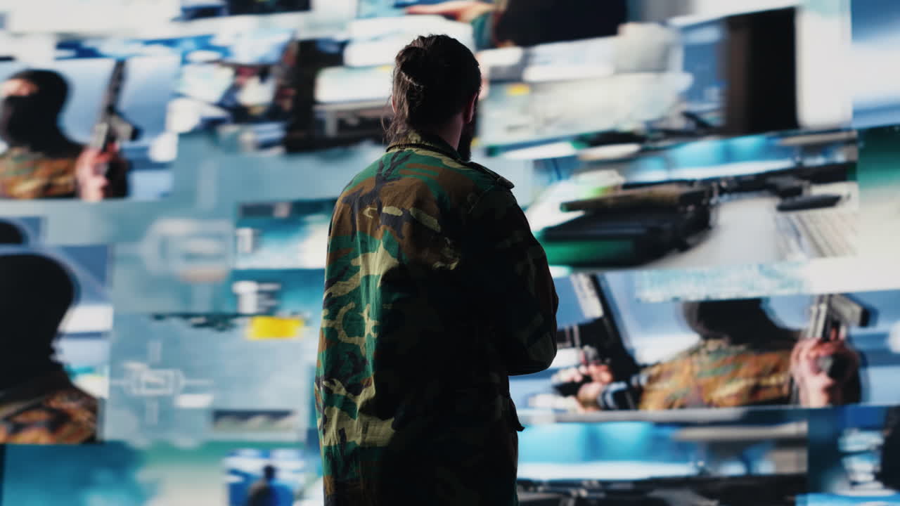 Military personnel examines data from satellite and creates tactical operations