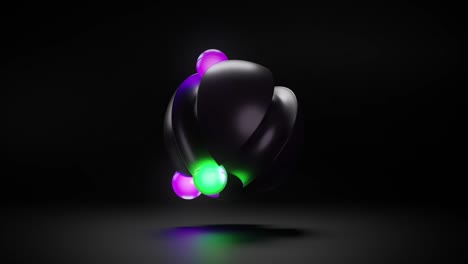 esferas de neón brillantes girando alrededor de una esfera negra. animación de bucle 3d futurista.