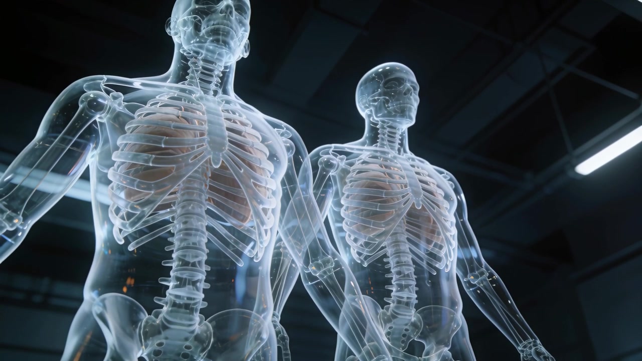Telecamera in movimento che rivela modelli anatomici trasparenti in un laboratorio poco illuminato, evidenziando costole, spine dorsali e crani