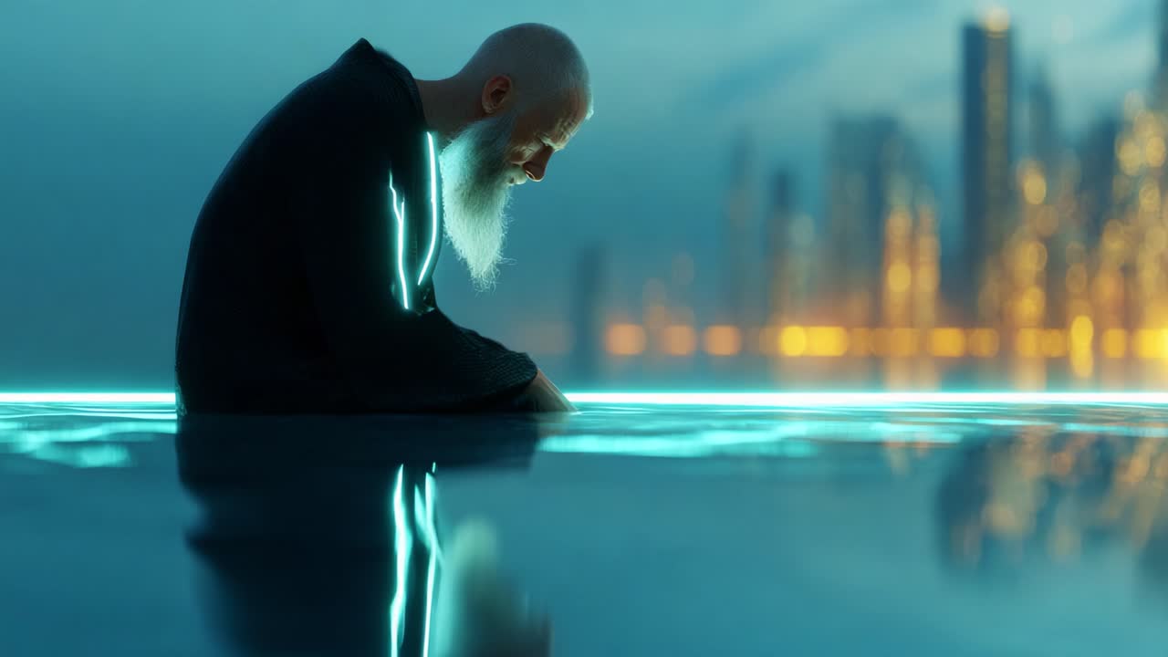 Contemplative Reflection of an Elderly Figure Bathed in Ethereal Light by the Water's Edge, Capturing a Serene Moment Amidst a Futuristic Cityscape Reflecting on Existence