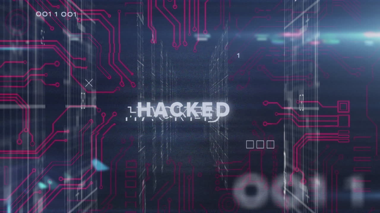 Animation of digital circuit patterns with HACKED text over binary code background