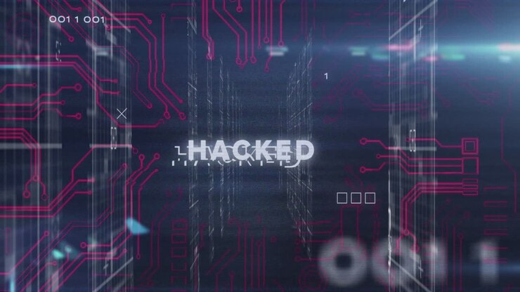 Animation of digital circuit patterns with HACKED text over binary code background