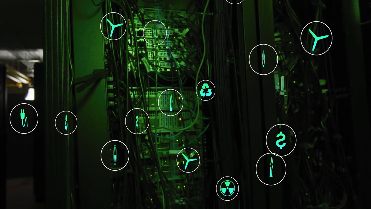 animación de iconos ecológicos y procesamiento de datos digitales a través de servidores informáticos