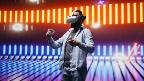 young person with high tech vr gadget in a neon lit night scene