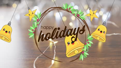 Animation-of-happy-holidays-text-and-bells-over-christmas-decorations