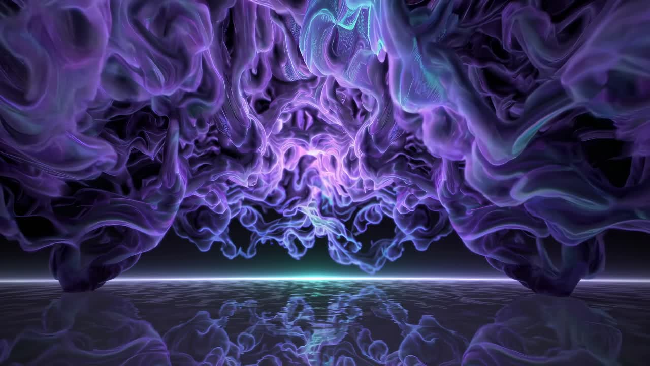 Ethereal mavi ve mor dumanın sakinliğin üzerinde kıvrıldığı, düşük açıdan çekilmiş gerçeküstü bir video sahnesi