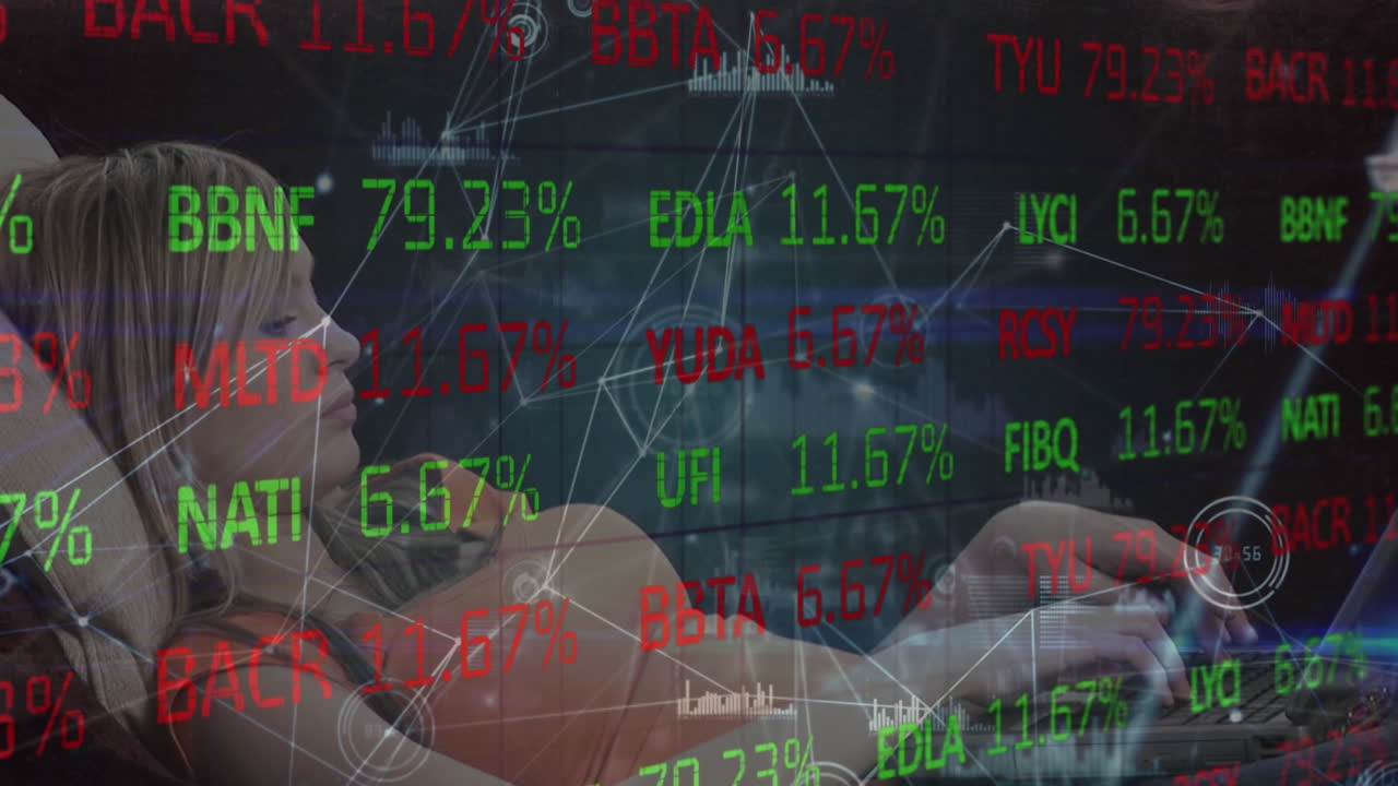 Animation of trading board, connected dots and graph icons, caucasian typing on keyboard of laptop