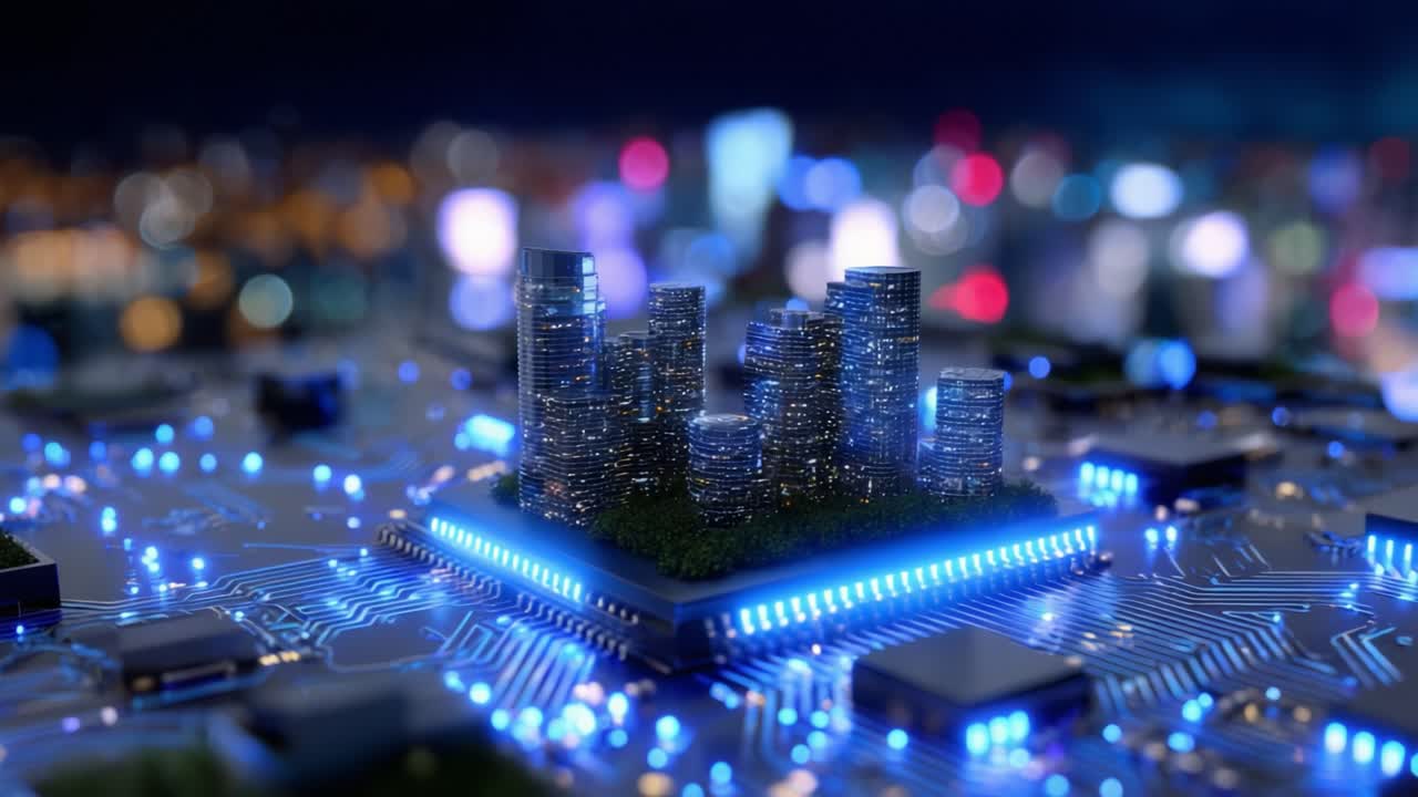A Futuristic Cityscape Emerges from a Microchip, Showcasing an Innovative Blend of Technology and Urban Landscape in a Captivating Concept of Digital Architecture and Smart Ecosystems