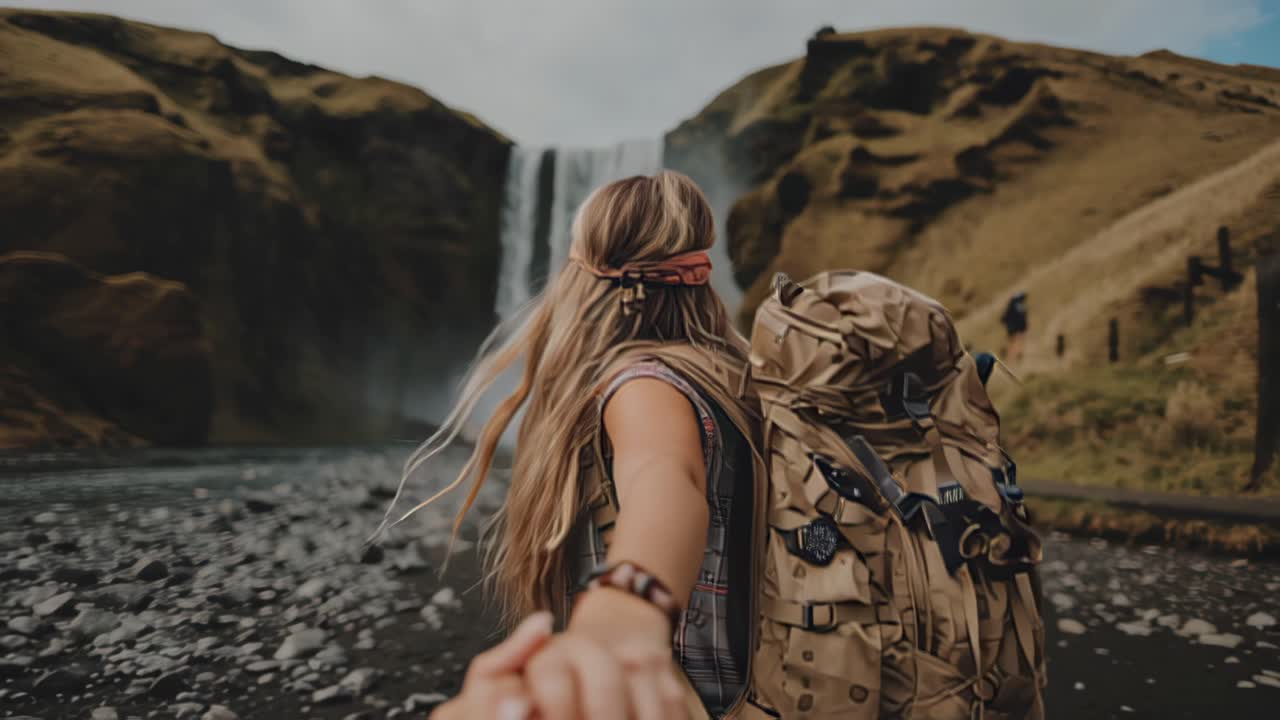 Rückansicht einer jungen Rucksacktouristin, die die Hand eines Partners hält, während sie auf einen mächtigen Wasserfall in einem felsigen Tal zugeht, Abenteuerreisen und Wanderkonzept.
