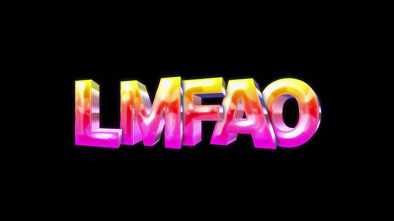 Animazione di testo LMFAO con effetto colorato neon glitch su sfondo nero