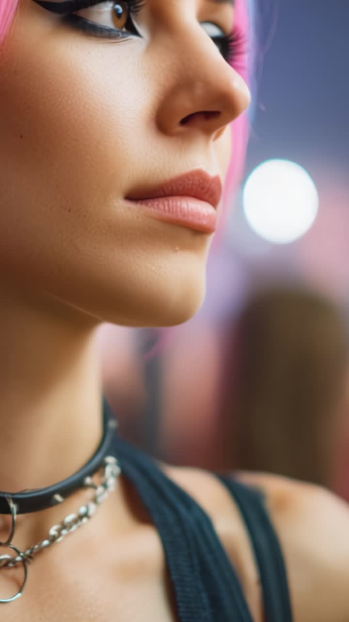 Ritratto ravvicinato di una giovane donna con capelli rosa e accessori, che cattura la sua espressione elegante e il suo look alla moda su uno sfondo sfocato.