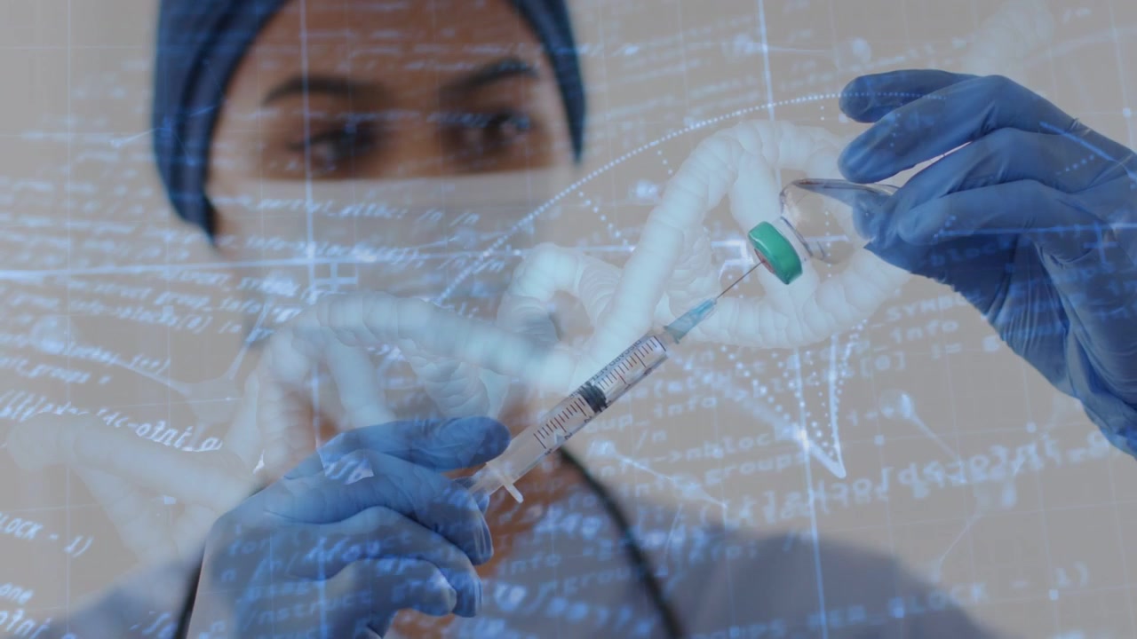 Infermiera che prende siringa e fiala, perfora la fiala e la riempie, con un'animazione DNA che segue le mani per la dose.
