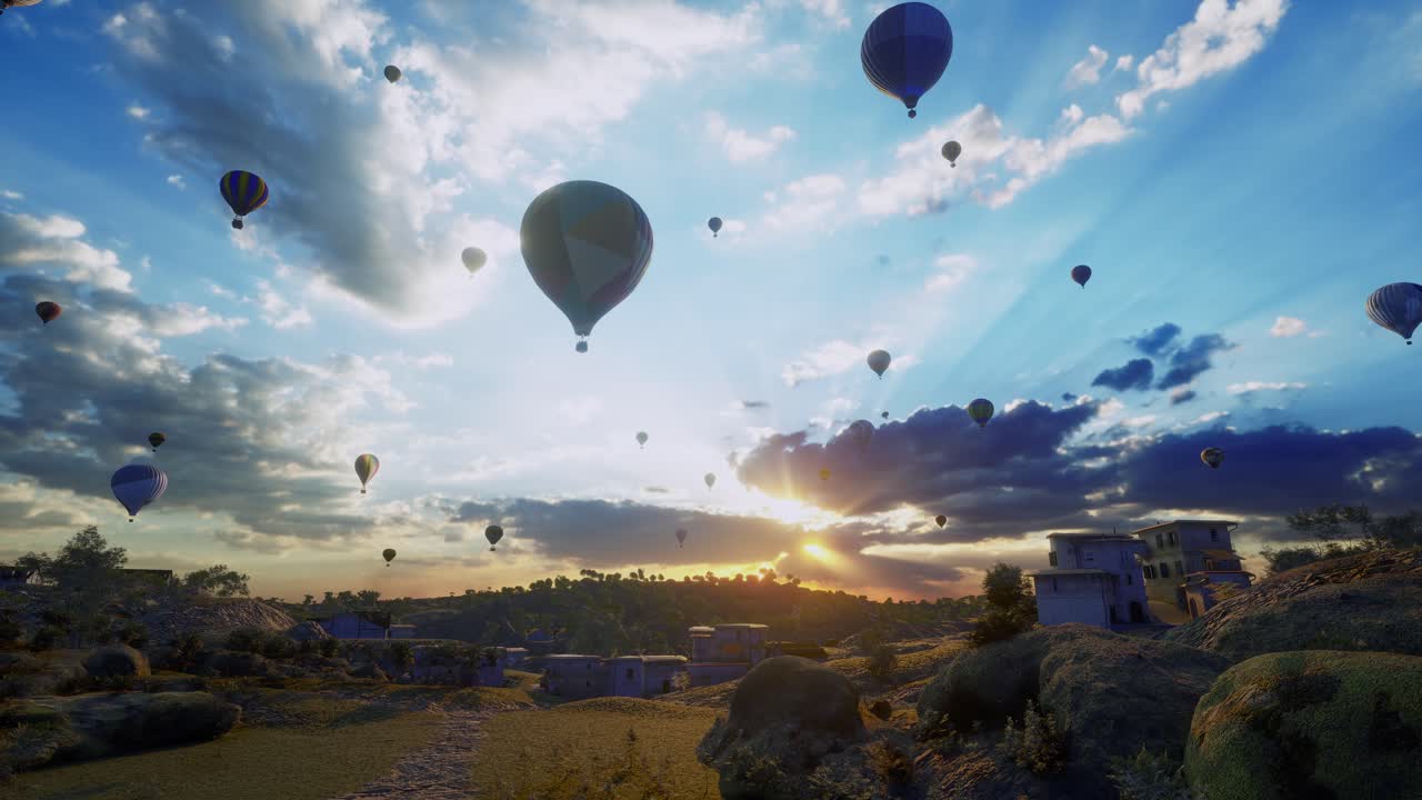 뜨거운 공기 풍선, 서서히 다른 사람들과 함께 도시 위로 날아, 해가 지는 시간