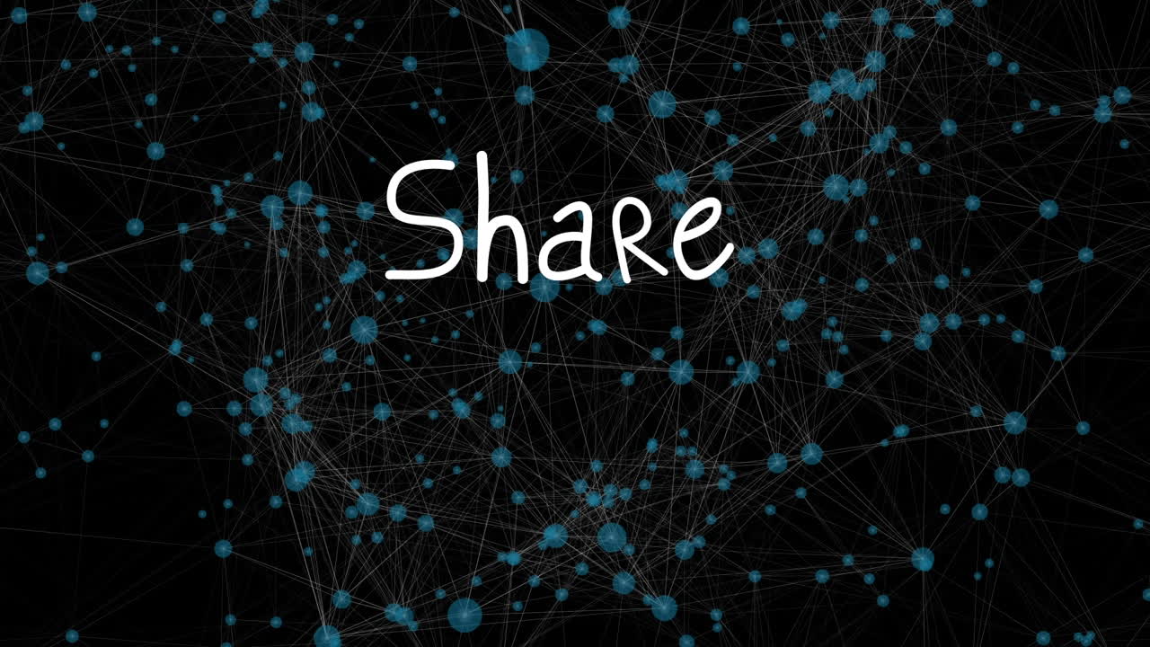 Animation of share and arrows over black background with network of connections