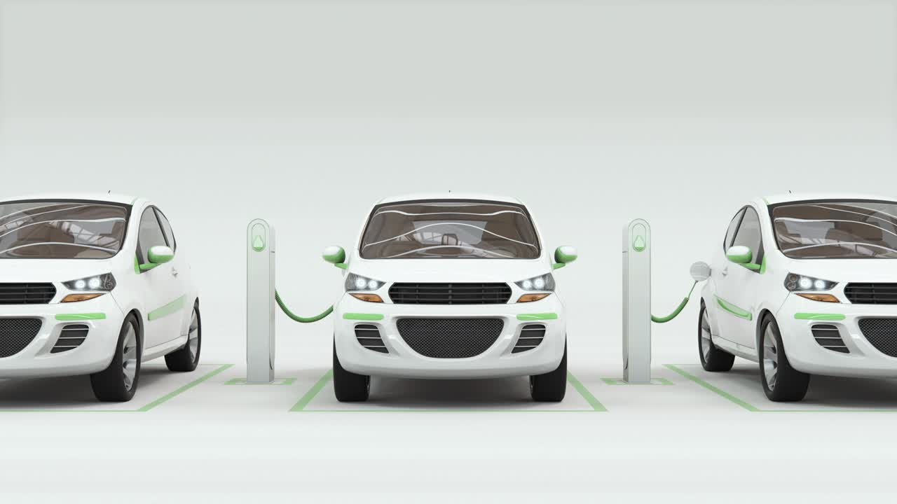 carga de conceptos de coches eléctricos modernos en el fondo blanco. animación de bucle de automóviles eléctricos estacionados en fila.