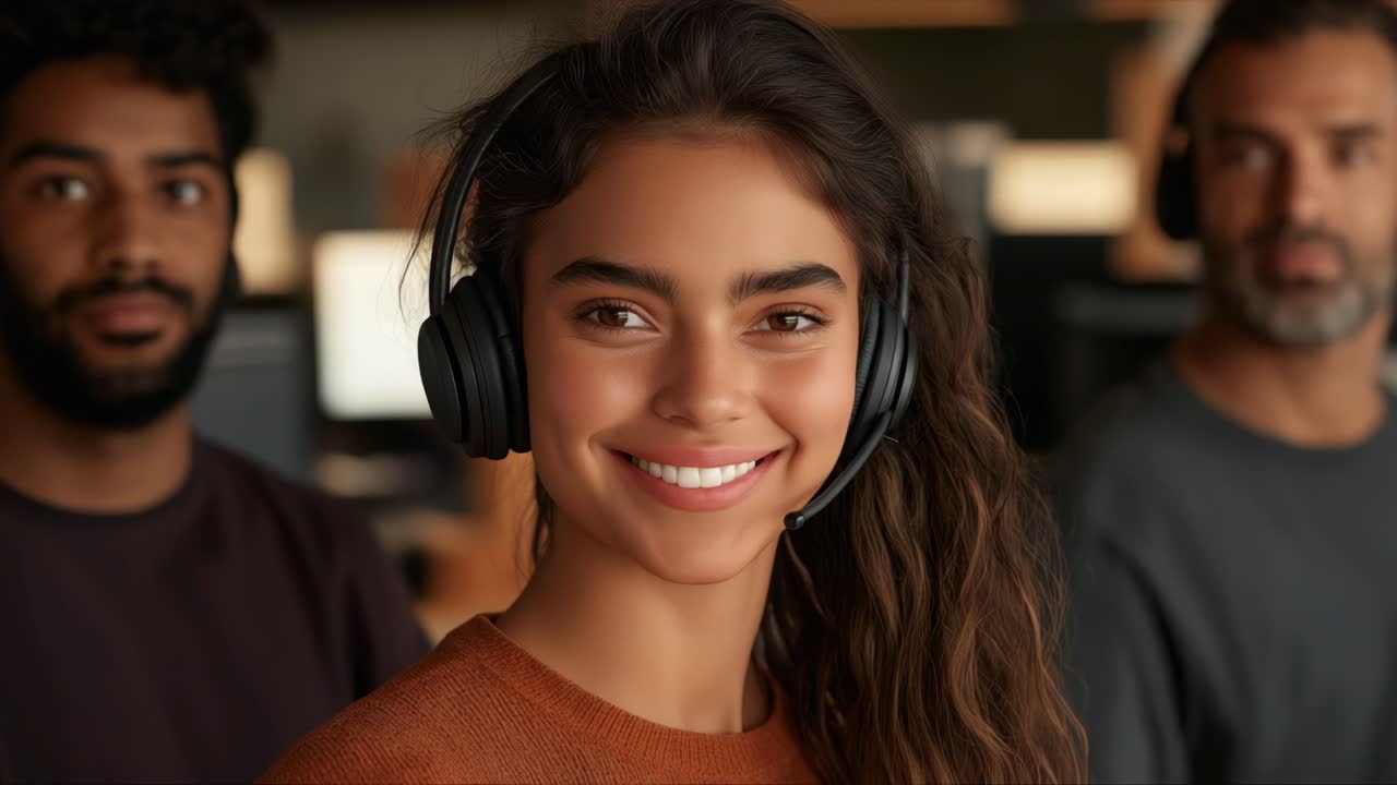 Ung kvinne med headset i kontoromgivelser