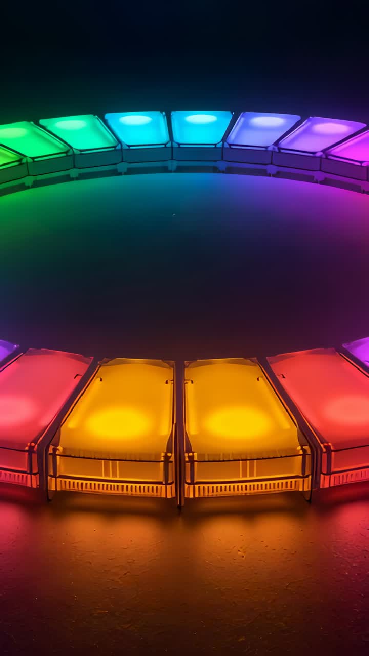 Vertical video: Cycling for display, LED tiles ring shifting colors on dark mat, casting glow