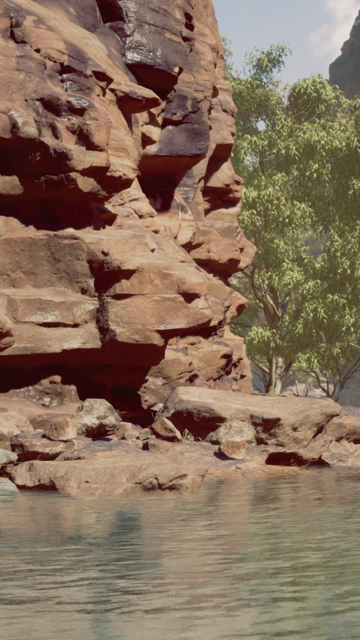 Stunning rock formations with clear blue water in a serene canyon setting