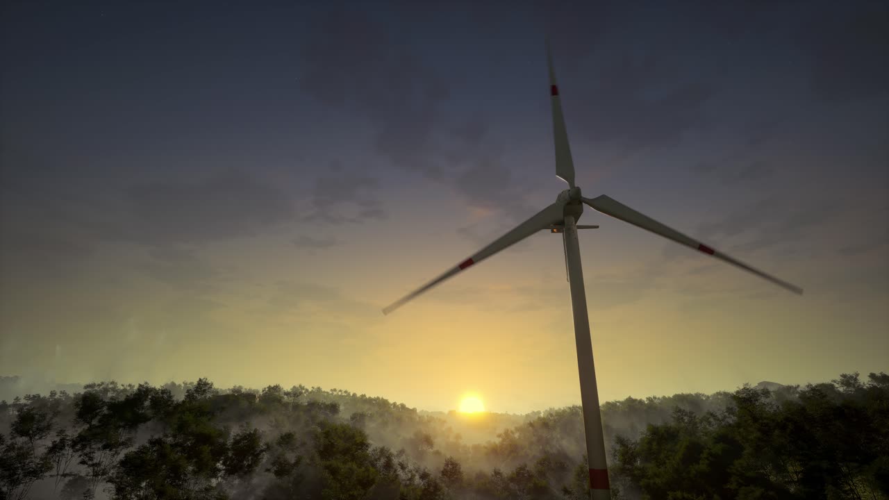 Wind Turbine over a Misty Forest at Sunrise/Sunset