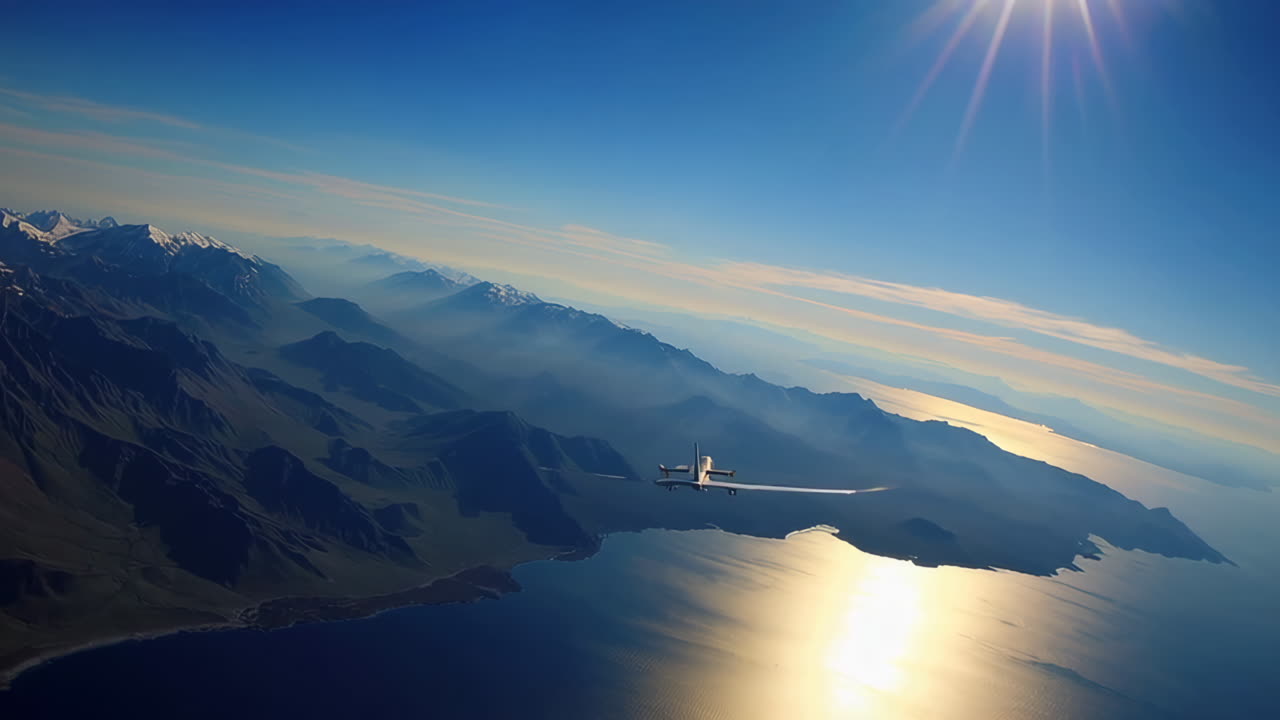 飛機飛越多山海岸線的空中俯瞰